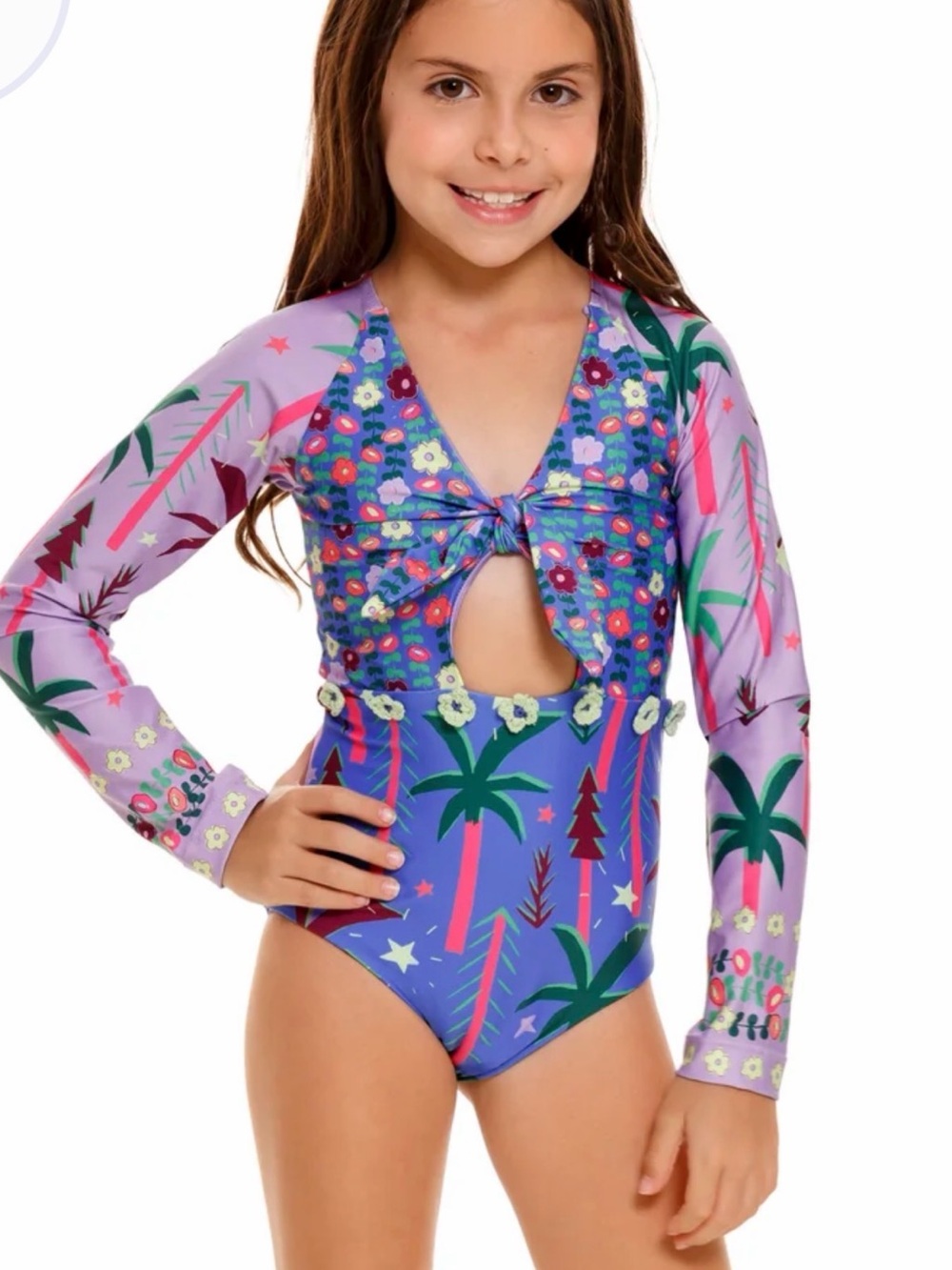 Agua Bendita Kids Purple Floral Palm Long-Sleeve One-Piece Swimsuit 12